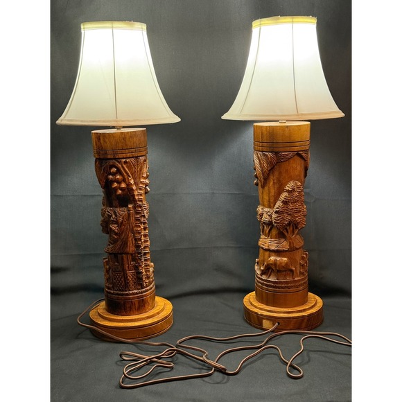 Other - Vintage Sculptural Carved Lamps Pair / Mid-Century / Tribal / Folk Art Vibe